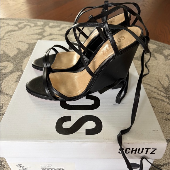 SCHUTZ Deonne Black Strappy Wrap Wedge Sandal NWT - Picture 3 of 7